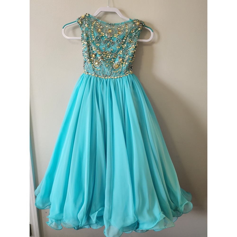 Sherri Hill Little Child Size 0 Turquoise Gold Beaded High-Low Pageant Gown